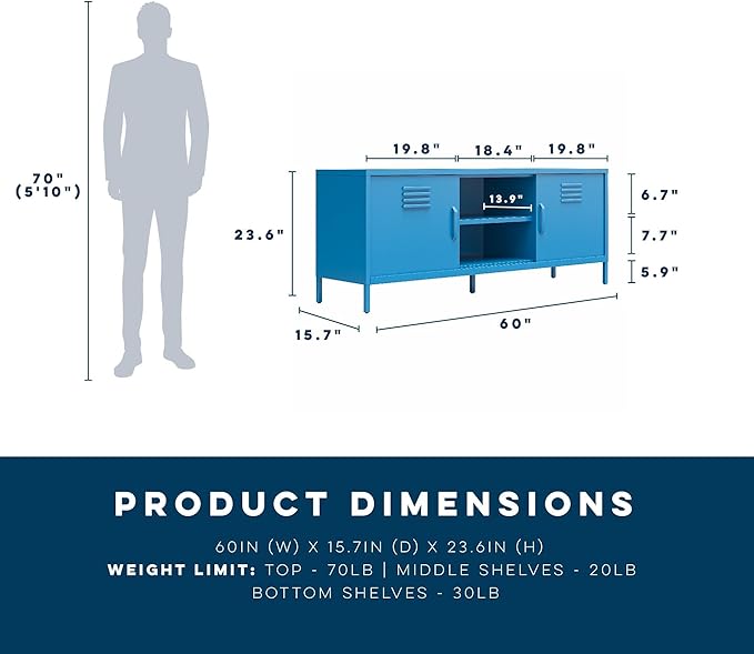 Novogratz Cache Metal Locker-Style TV Stand for TVs up to 65", Bright Blue - LeafyLoom