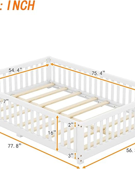 Multifunctional Full Size Floor Bed with Safety Guardrails and Door, Removable Wood Slats, Montessori Beds Frame for Toddlers, Easy Assembly, for Boys and Girls Room, White - LeafyLoom