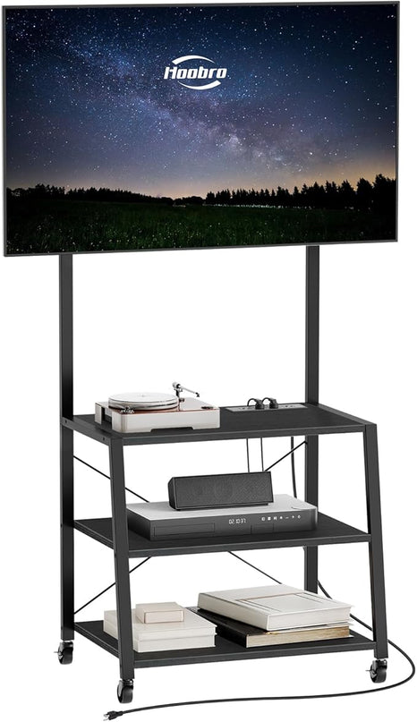 HOOBRO Rolling TV Stand with Mount and Power Outlet Up to 55 inch TVs, Corner Entertainment Center, Small TV Stand with 3-Tier Storage Shelves for Living Room, Bedroom, Black BB66UDS01 - LeafyLoom