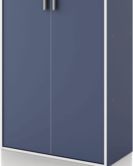 Apexa Stackable Wood Bookcase with Doors, Cube Storage Organizer Shelves, Small Food Pantry, Dorm Teen Room Decor & Bedroom, Home Office, Kitchen, 3-Tier Cabinet, Steel Blue - LeafyLoom