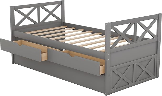 Twin Size Daybed with Storage Drawers and Trundle, Wood Twin Captains Bed frame for Bedroom and Living Room, Gray - LeafyLoom