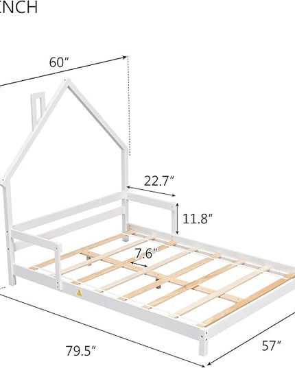 Full Size Bed Frame for Kids,House-Shaped Headboard Kids Bed,Girls Bed with Handrails,Low Platform Bed for Boys Girls,No Box Spring Needed(White) - LeafyLoom