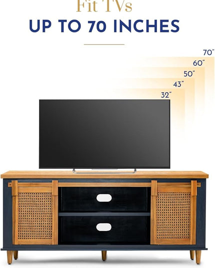 Bme Premium Arvid TV Console Table, Pre-Assembled Entertainment Center for up to 70 inch TV, Solid Wood TV Table with Rattan Sliding Doors, Media Console - LeafyLoom