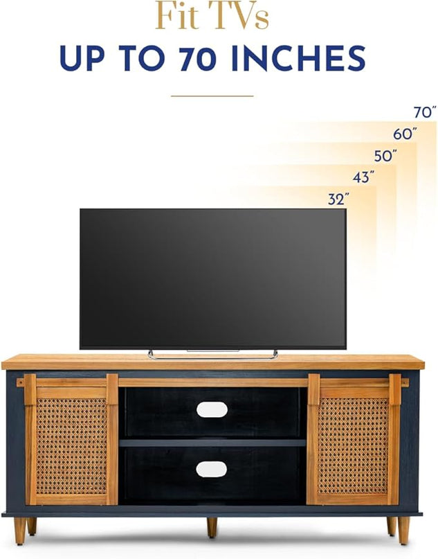 Bme Premium Arvid TV Console Table, Pre-Assembled Entertainment Center for up to 70 inch TV, Solid Wood TV Table with Rattan Sliding Doors, Media Console - LeafyLoom