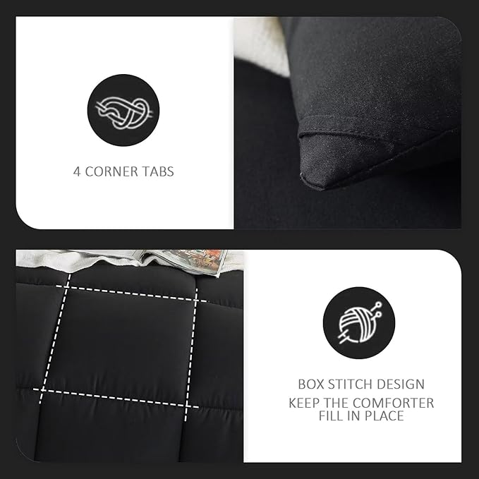 WhatsBedding Queen Comforter Set, Black Lightweight 3 Pieces Bedding Set for All Season Soft Down Alternative Bed Set with 2 Pillowcases, Queen Size,88"x90" - LeafyLoom