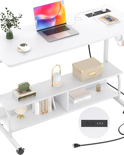 Height Adjustable Standing Desk with Power Outlets, 47" Manual Stand Up Desk with Storage Shelves Small Mobile Rolling Computer Desk Portable Laptop Table with Wheels for Home Office, White - LeafyLoom