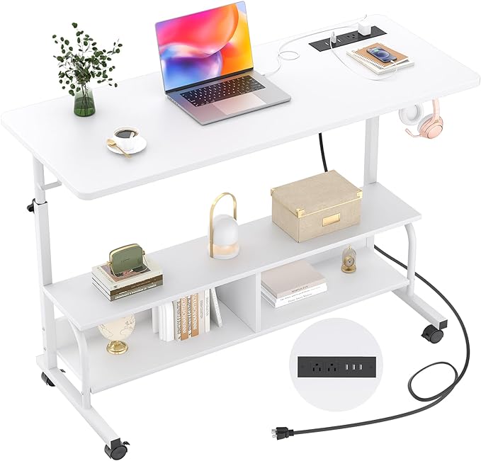 Height Adjustable Standing Desk with Power Outlets, 47" Manual Stand Up Desk with Storage Shelves Small Mobile Rolling Computer Desk Portable Laptop Table with Wheels for Home Office, White - LeafyLoom