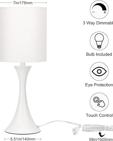 Modern Table Lamps, 3 Way Touch Control Table Lamp, Dimmable Desk Lamp, White Nightstand Lamp with Fabric Shade, Small Bedside Lamp for Living Room, Dorm,Home Office, LED Bulb Included - LeafyLoom