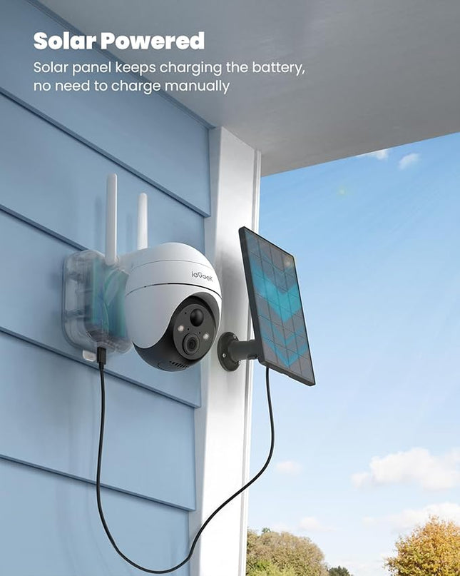 ieGeek Security Cameras Wireless Outdoor, 2K WiFi Home Security System 360° PTZ Camera 2 Pack, Solar/Battery Powered Cam with Spotlight/Siren/AI/Motion Sensor/3MP Color Night Vision, Works with Alexa ieGeek