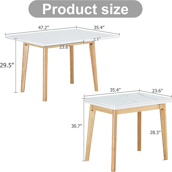 NicBex 47.2Inch Folding Dining Table,Modern Kitchen Table with White Sintered Stone Tabletop and Rubber Wooden Legs for 4 to 6,Large Dining Room Table for Kitchen,Meeting Living Room,Space-Saving,Wood - LeafyLoom