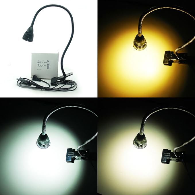 5W 3 Colors LED COB Clip on Light Black 19.68 INCH 50 CM Tube Desk Flexible Table Bed Lamp Work Home Design lighting 110V 220V 85-265VAC with US Plug switch on off 500LM (Black) - LeafyLoom