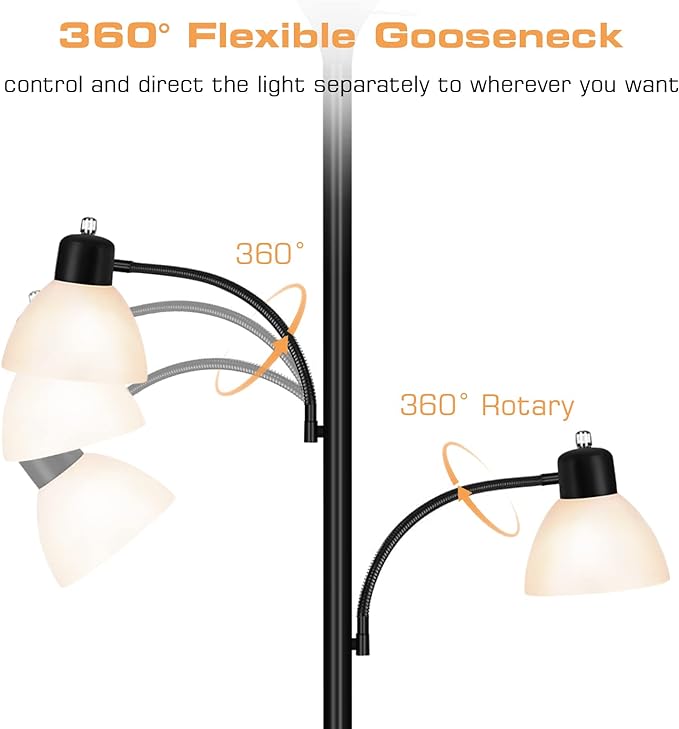 Luvkczc Floor Lamps for Living Room,Torchiere Floor Lamp with 8W Adjustable Reading Lights, Industrial Tall Lamps for Living Room, Bedroom, Office, 3 Bulbs Included - LeafyLoom