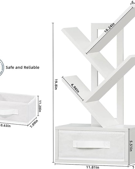 Small Bookshelf with Drawer,4 Tier Tree Book Shelf,Wood Desk Bookshelves,Modern Free Standing Desktop Display Shelves,White Floor Standing Organizer Bookcase for Living Room,Bedroom,Office - LeafyLoom