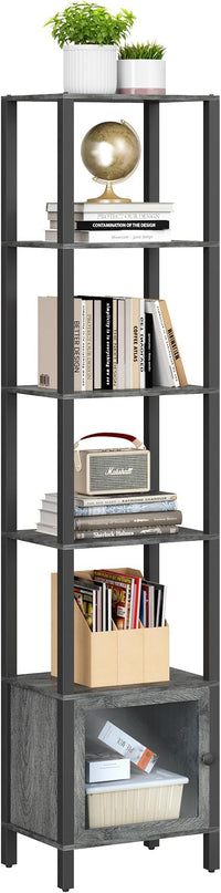 TUTOTAK 6 Tier Bookcase and Bookshelf, Narrow Book shelf with Door for Small Space, for Living Room, Office, Study, Entryway, Charcoal Grey BS03BY006 - LeafyLoom