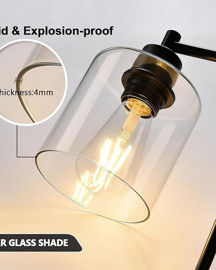 Set of 2 Industrial Touch Control Table Lamps with 2 USB Ports and AC Outlet - 3-Way Dimmable Black Bedside Lamps Nightstand Desk Lamps for Bedroom Living Room, Glass Shade & 2 LED Bulbs Included - LeafyLoom