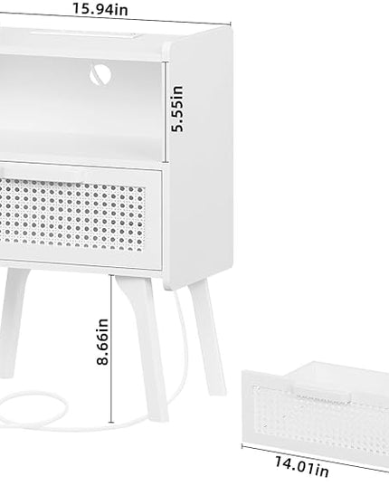 Lerliuo Rattan Nightstand with Charging Station, Side Table with Drawer Open Shelf, Cane Accent Bedside End Table with Solid Wood Legs, Night Stand for Bedroom, Dorm and Small Spaces (White) - LeafyLoom