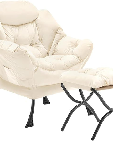 Lazy Chair with Folding Ottoman, Accent Chair Velvet Upholstered with Metal Structure and Non-Slip Pads, Sofa Armchair with Footrest and Side Storage Bag for Dorm, Room, Office, Beige - LeafyLoom