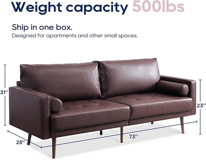 Vonanda Faux Leather Sofa Couch, Mid-Century 73 Inch 3 Seater Leather Couch with Wood Grain Metal Legs and Bolster Pillows for Living Room,Elegant Brown - LeafyLoom