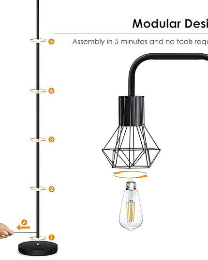 BoostArea Industrial Floor Lamp, Diamond Shape Design, 6W LED Bulb, E26 Socket, On/Off Footswitch, Premium Quality, Safe, Easy Assembly, Modern Style, Black - LeafyLoom