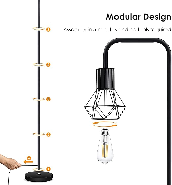 BoostArea Industrial Floor Lamp, Diamond Shape Design, 6W LED Bulb, E26 Socket, On/Off Footswitch, Premium Quality, Safe, Easy Assembly, Modern Style, Black - LeafyLoom