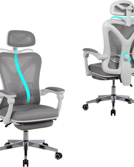 Ergonomic Office Chair with Footrest | Adjustable Lumbar Support, Reclining Desk Chair with Leg Rest, Comfortable Mesh Computer Chair for Home & Office (Grey) - LeafyLoom