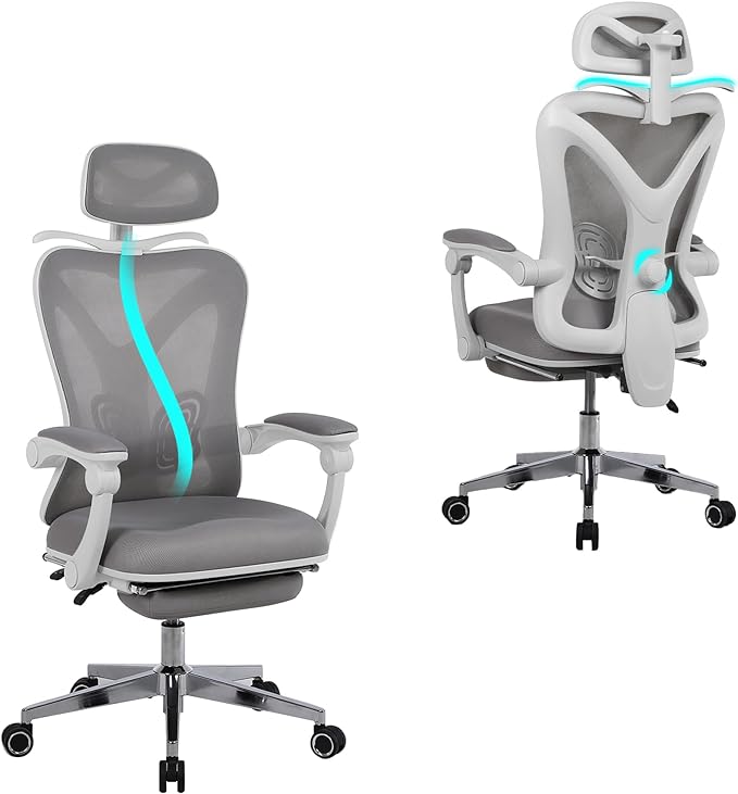 Ergonomic Office Chair with Footrest | Adjustable Lumbar Support, Reclining Desk Chair with Leg Rest, Comfortable Mesh Computer Chair for Home & Office (Grey) - LeafyLoom