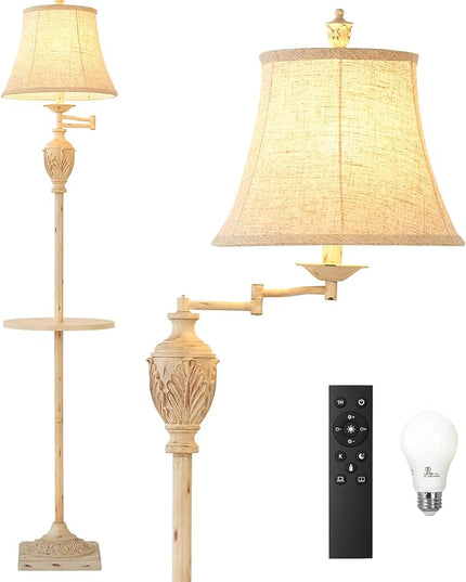 Traditional LED Floor Lamp with 350° Adjustable Swing Arm Lamp – Vintage Standing Pole lamp for Living Room, Bedroom and Office – Rustic Upright Floor Light for Home Décor with Silk Fabric Shade - LeafyLoom
