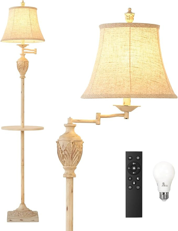 Traditional LED Floor Lamp with 350° Adjustable Swing Arm Lamp – Vintage Standing Pole lamp for Living Room, Bedroom and Office – Rustic Upright Floor Light for Home Décor with Silk Fabric Shade - LeafyLoom