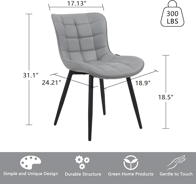 YOUTASTE Grey Dining Chairs Set of 2 PU Leather Upholstered Modern Armless Dining Room Chair with Back Metal Kitchen Dinner Accent Guest Chairs for Vanity Reception Waiting Room - LeafyLoom