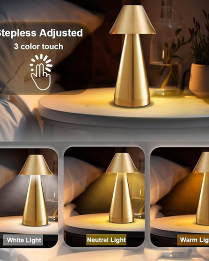 Portable Metal Desk Lamp, Cordless Metal LED Table Lamp,3 Color Touch Control Rechargeable Lamp,3-Levels Brightness Room Decor Desk Lamp,Bedside Lamp,Dining Room Lamp (Gold) - LeafyLoom