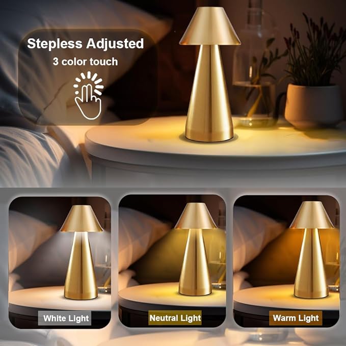 Portable Metal Desk Lamp, Cordless Metal LED Table Lamp,3 Color Touch Control Rechargeable Lamp,3-Levels Brightness Room Decor Desk Lamp,Bedside Lamp,Dining Room Lamp (Gold) - LeafyLoom