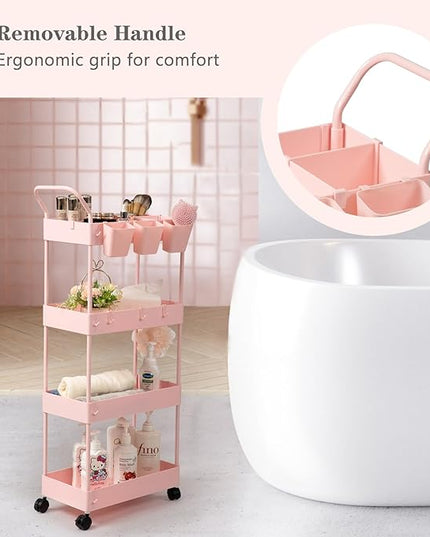 danpinera Slim Storage Cart, 4 Tier Bathroom Cart Organizer Narrow Laundry Cart with Wheels Dividers Hanging Cups Hooks Handle Makeup Lash Cart Shelf Organizer Rack Unit Easy Assembly, Pink - LeafyLoom