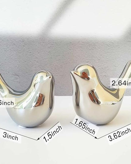 Cute Shelf Decor Birds, Small Animal Figurines Home Decor, Ceramic Silver Birds Shelf Decorations for Living Room Bedroom Bookshelf Table Top - LeafyLoom