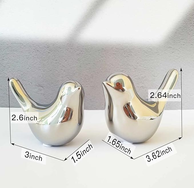 Cute Shelf Decor Birds, Small Animal Figurines Home Decor, Ceramic Silver Birds Shelf Decorations for Living Room Bedroom Bookshelf Table Top - LeafyLoom
