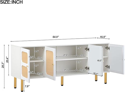 NicBex TV Stand for 70 Inch TV Modern TV Media Console Table with Rattan Door and Gold Metal Base,Entertainment Center with Storage for Living Room,64.9 Inch,White - LeafyLoom