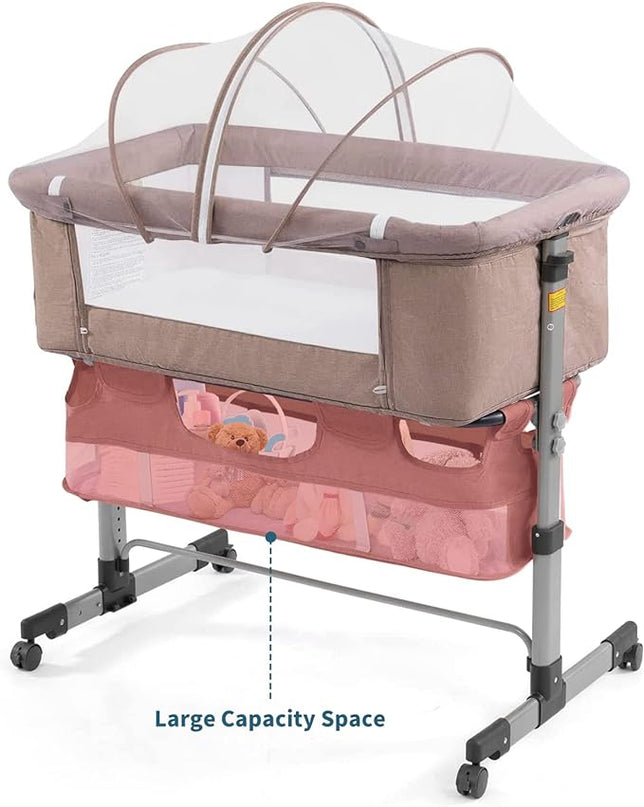 3in1 Bedside Crib for Girl or Boy, Bedside Sleeper for Baby Portable and Adjustable Crib with Mosquito net for Newborn Baby,Deep Khaki - LeafyLoom