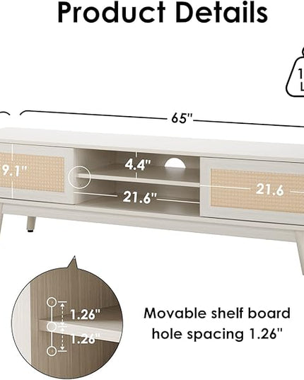 STARY 65''Mid Century Modern TV Stand,Boho Media Console Entertainment Center with Cable Management for Living Room, White - LeafyLoom
