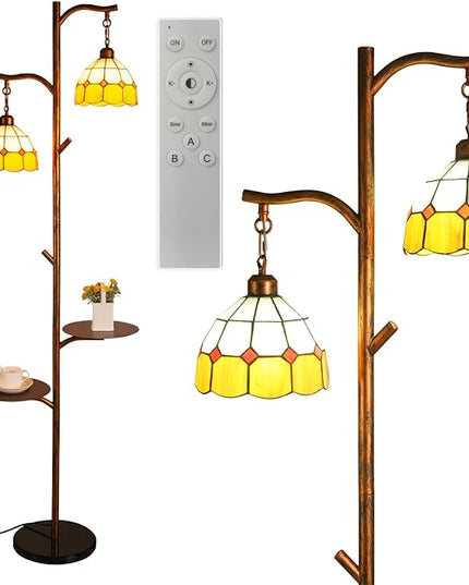 Tiffany Style Stained Glass Retro Floor Lamp with Tray,Dimmable Led Floor Lamps, Custom Color Temperature Standing Lamp with Remote for Living Room and Bedroom,Painted Red Copper - LeafyLoom