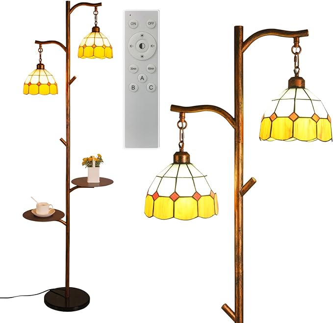 Tiffany Style Stained Glass Retro Floor Lamp with Tray,Dimmable Led Floor Lamps, Custom Color Temperature Standing Lamp with Remote for Living Room and Bedroom,Painted Red Copper - LeafyLoom