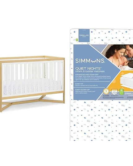 Delta Children Tribeca 4-in-1 Baby Convertible Crib + Simmons Kids Quiet Nights Crib and Toddler Mattress Made from Recycled Water Bottles/GREENGUARD Gold Certified [Bundle], Bianca White/Natural - LeafyLoom