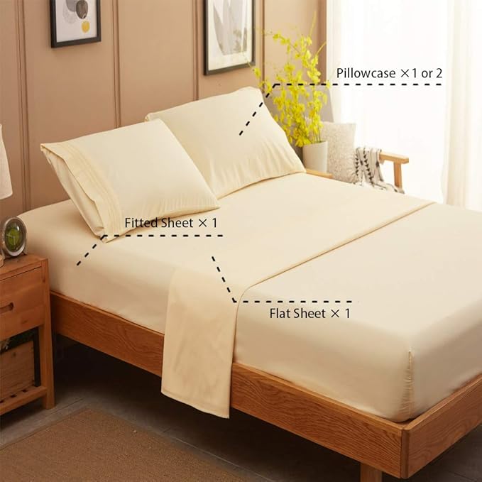 SONORO KATE Bed Sheet Set Super Soft Microfiber 1800 Thread Count Luxury Egyptian Sheets 18-Inch Deep Pocket Wrinkle-4 Piece(California King Ivory) - LeafyLoom