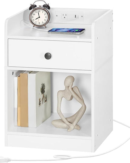 HOOBRO Nightstand with Charging Station, End Table with Drawer and Opening Shelf, Side Table with USB Ports and Outlets, Bedside Table for Bedroom, Small Night Stand Simple Style, White WT18UBZ01 - LeafyLoom