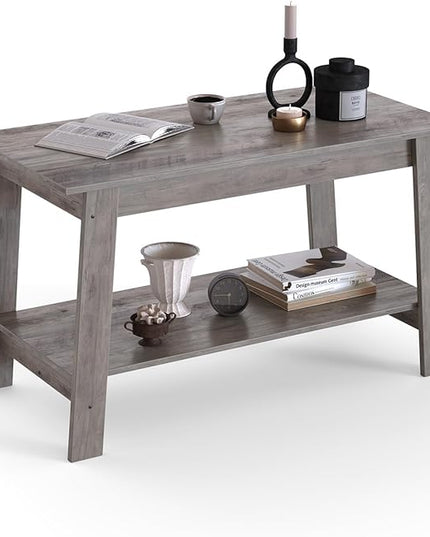 Coffee Table with Storage Shelf, 2-Tier Coffee Tables for Living Room, Farmhouse Wood Rectangle Small Coffee Table, Living Room Tables, TV Stands, Minimalist Modern Center Table, Easy Assembly, Gray - LeafyLoom