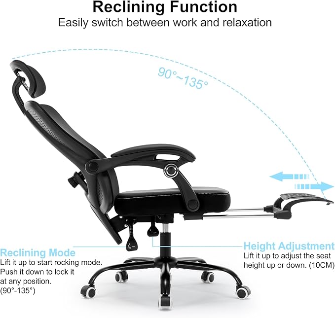 Office Chair Ergonomic Desk Chair, Reclining PU Cushion Mesh Computer Chair with Adjustable Lumbar Support, Headrest and Footrest, High Back Home Office Desk Chair, 360° Swivel Executive Task Chair - LeafyLoom