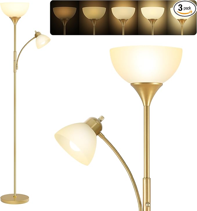 Floor Lamp, Standing lamp, 3 Levels Dimmable Brightness, Included 9W and 5W LED Bulbs, Lamp for Living Room, Bedroom, Office, Reading - LeafyLoom