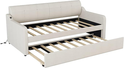 Frame Twin Size Upholstered Daybed USB Ports, Trundle Can Be Flat or Erected, Elegant Sofa Bed for Living Room Bedroom Guestroom, Easy to Assemble, Charging Design, Beige - LeafyLoom