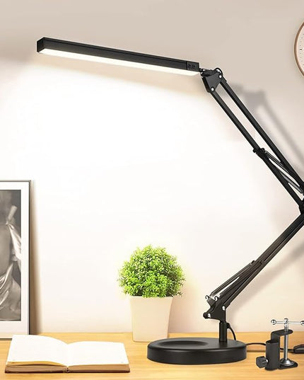 LED Desk Lamp with Clamp and Round Base,Eye Caring Table Lamp with Swing Arm,3 Color Modes 10 Brightness Levels,Memory Function, Desk Light for Home Office with USB Adapter Black-14W - LeafyLoom