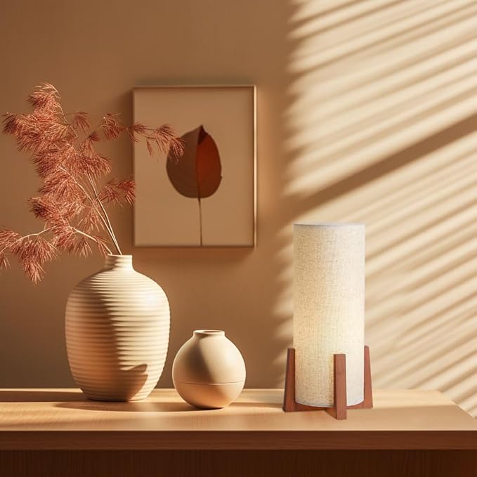 KUNJOULAM Modern Small Table Lamps, Nightstand Lamp with Linen Fabric Shade, 13.9" Cylinder Bedside Table Lamp for Bedroom, Cafe, Living Room Home Decor - LeafyLoom