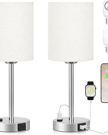 Touch Lamps for Bedrooms Set of 2 Modern - White 3 Way Dimmable Bedside Lamp with USB C and A Ports and Outlets, Nightstand Lamp with Silver Base, Small Table Lamps for Nursery Kids Girl and Boy - LeafyLoom