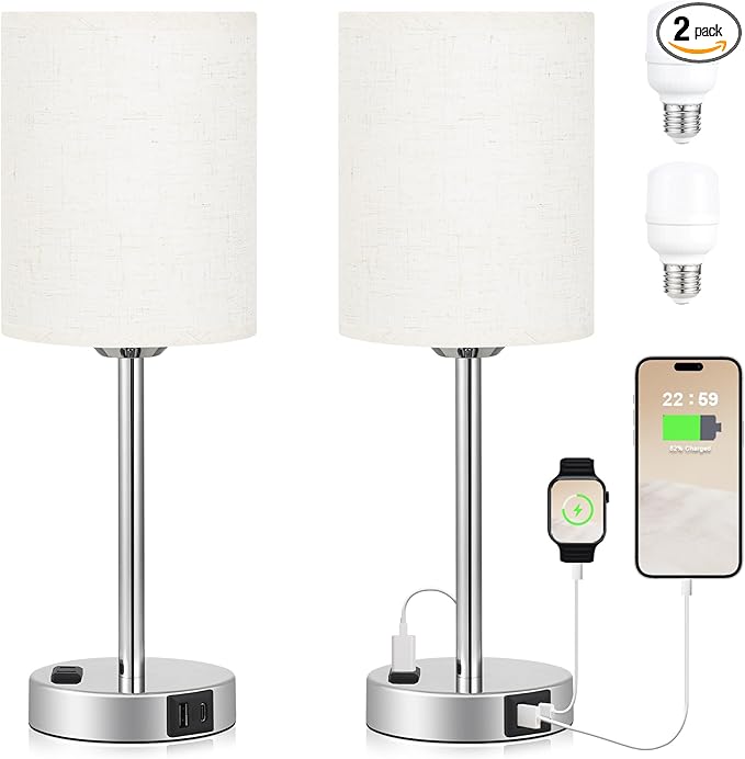 Touch Lamps for Bedrooms Set of 2 Modern - White 3 Way Dimmable Bedside Lamp with USB C and A Ports and Outlets, Nightstand Lamp with Silver Base, Small Table Lamps for Nursery Kids Girl and Boy - LeafyLoom